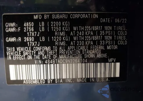 2022 Subaru Outback Premium from USA, damaged, VIN 4S4BTADC9N3264104